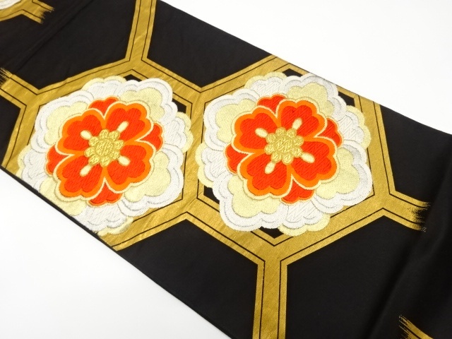 JAPANESE KIMONO / ANTIQUE FUKURO OBI / SILK / WOVEN FLORAL CREST